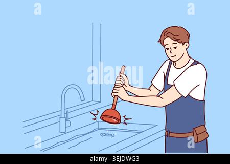 Man plumber is dressed in overalls uses plunger to clear blockage in sink in kitchen or bathroom Stock Photo