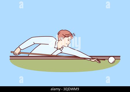 Man plays billiards leaning over table with cue in hands and taking aim, to put ball into hole Stock Photo