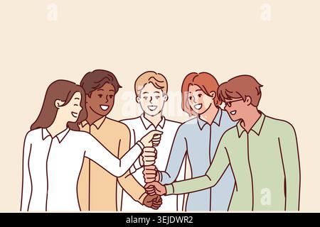 Happy diverse business team of employees celebrating success by touching with fists in center Stock Photo