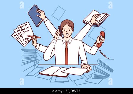 Multi-armed man multitasking with documents and talking on phone sitting in office Stock Photo