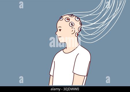 Man with electrodes connected to head to study brain activity and work of neurons or mind control. Wires connected to head of bald guy to develop neur Stock Photo