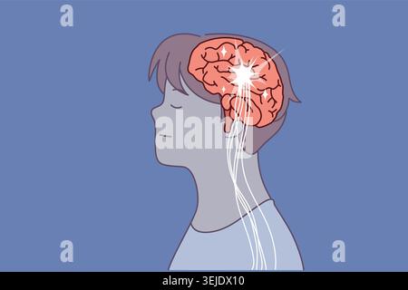 Brain and neural connection lines in head man at time of brainstorming or searching for new ideas Stock Photo