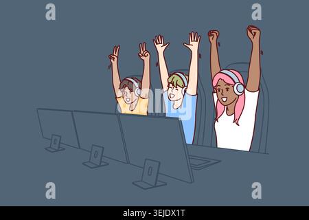 Team of teenagers esports or gamers have won multiplayer video game and are raising hands in triumph Stock Photo