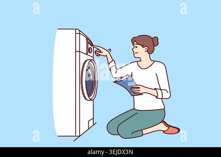 Woman turns on washing machine on knees with paper instruction with rules for using equipment Stock Photo