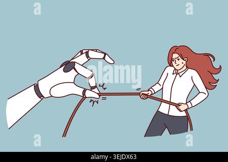 Woman and giant robot arm for concept of fight between human and artificial intelligence for jobs Stock Photo