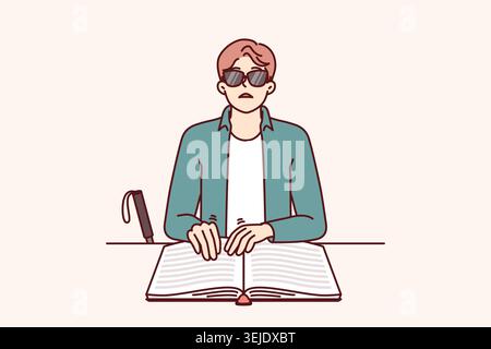Blind man reads braille book by touching fingers to textbook with three-dimensional letters Stock Photo