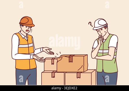 Warehouse workers near cardboard boxes damaged in transit due to improper transportation Stock Photo