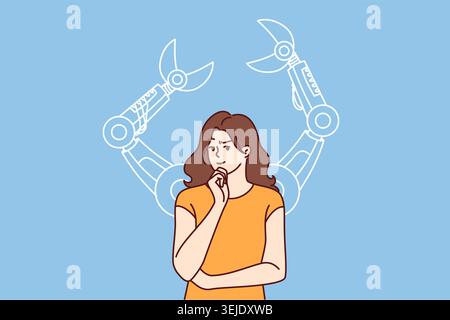Woman with robot arms behind thinks about introduction of AI and robotic in business processes Stock Photo