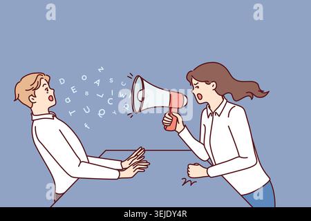 Woman boss yells at subordinate through megaphone and gets angry because of refusal to follow order Stock Photo