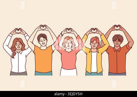 Kind people volunteers making heart shape with fingers and raising hands above heads Stock Photo