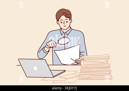 Man tax inspector is sitting in office doing paperwork using magnifying glass to check contract Stock Photo