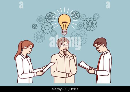Business partners are brainstorming, discussing new ideas for development of company Stock Photo