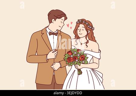 Wedding ceremony at bride and groom in beautiful outfits holding hands during engagement in church Stock Photo