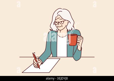 Elderly woman is writer, drinking coffee and sitting at table, inventing new book of bestseller Stock Photo