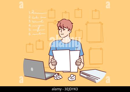 Man freelancer is doing paperwork, sitting at office table with laptop and documents Stock Photo