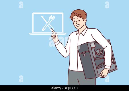 Man is computer repairman, holds disassembled system unit from PC, and recommends contacting warranty center. Guy is engaged in repairing computer, wo Stock Photo