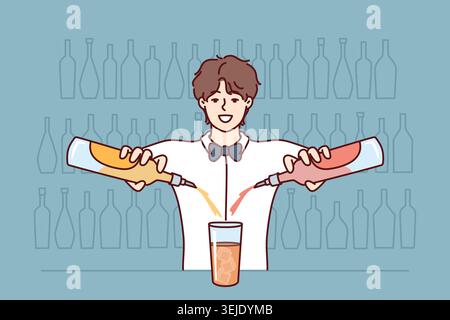 Smiling bartender makes cocktail by pouring drinks from two bottles into one glass standing at bar counter. Man works in nightclub bar as bartender an Stock Photo