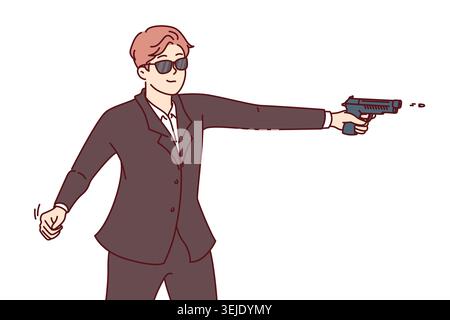 Man secret agent shoots gun, dressed in formal suit and sunglasses for covert operations Stock Photo