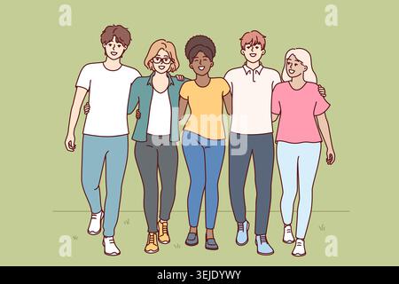 Multiracial people walk through park hugging and enjoying friendship with college classmates Stock Photo