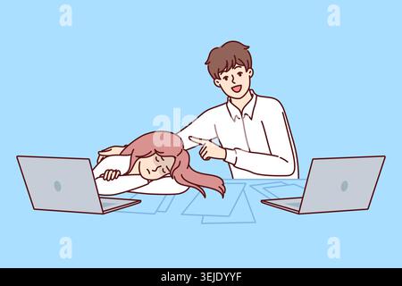 High school student boy sits at table with smile pointing at sleeping classmate in need of rest Stock Photo