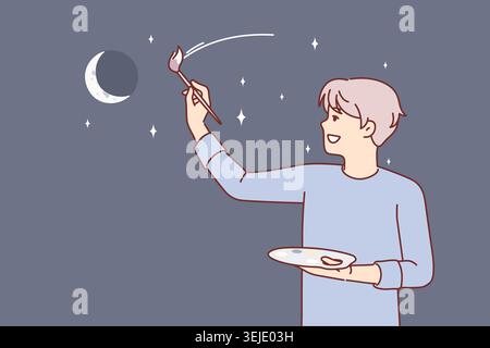 Man artist paints evening sky with moon and stars, dreaming of traveling around galaxy Stock Photo