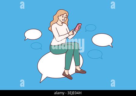 Woman is chatting on mobile phone, sitting on speech bubble and typing SMS or comment on social networks. Girl chatting using messenger applications f Stock Photo