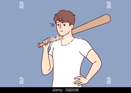 Hooligan guy with baseball bat in hand stands with hand on belt and threatens to beat up passerby Stock Photo
