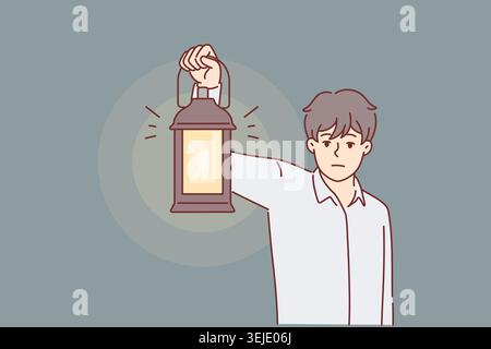 Man with kerosene lamp lights way in dark, looking for exit out room, metaphor for difficult times Stock Photo