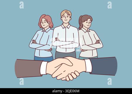 Handshake of business people during making deal and office employees standing with crossed arms Stock Photo