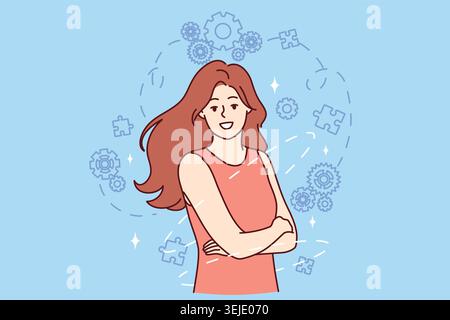 Successful woman stands with arms crossed among gears and puzzle pieces symbolizing development Stock Photo