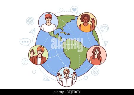 International group of students studying and communicating via internet around globe. Guys and girls online college students learn global competencies Stock Photo