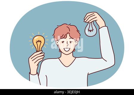 Man holding working and broken light bulbs to show off self-made electricity repair Stock Photo