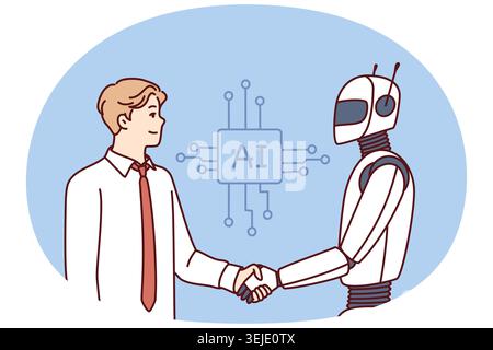 Man shakes hands with robot as sign of friendship between humans and artificial intelligence AI Stock Photo
