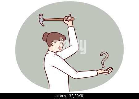 Woman swinging hammer at question mark showing courage in solving problems and fighting ignorance Stock Photo