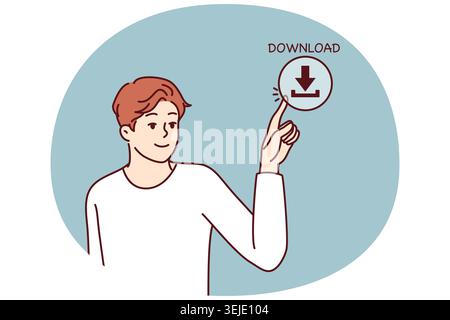 Young man presses download button on screen for concept of web content consumption and network use. Guy downloads information from Internet using clou Stock Photo