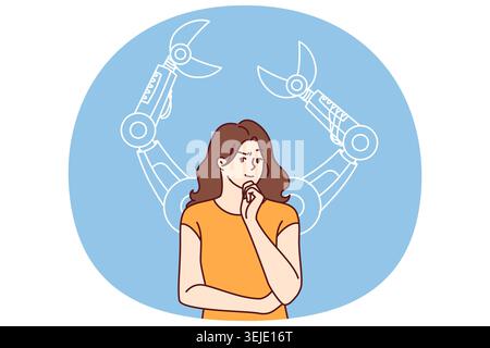 Woman with robot arms behind thinks about introduction of AI and robotic in business processes Stock Photo