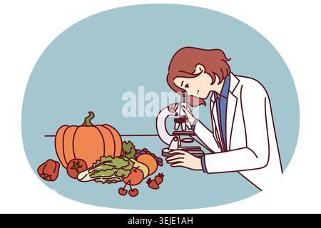 Checking quality of food in laboratory by woman using microscope to look for nitrates and pesticides Stock Photo