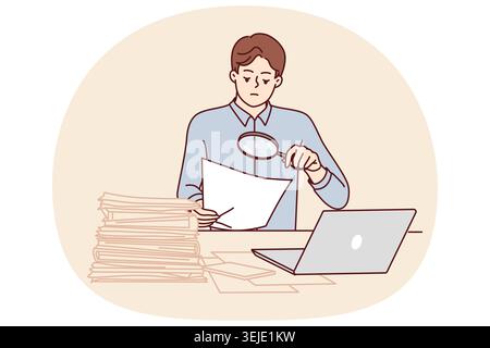 Man tax inspector is sitting in office doing paperwork using magnifying glass to check contract Stock Photo