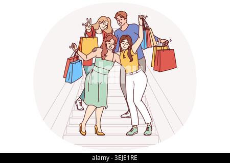 Group of shopaholics, mall buyers with multi-colored paper bags are standing on stairs Stock Photo