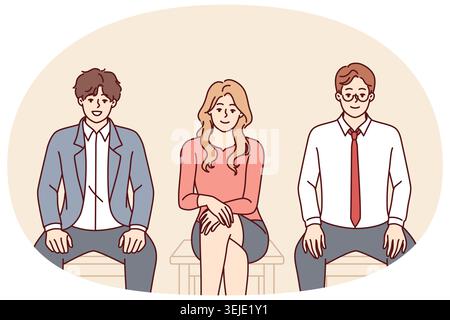 Business people sit on chairs in line for interview for manager position in corporation Stock Photo