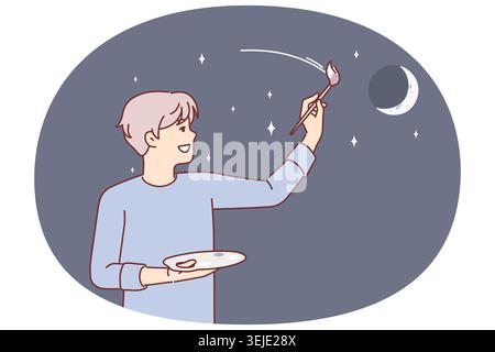 Man artist paints evening sky with moon and stars, dreaming of traveling around galaxy Stock Photo