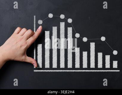 A hand interacts with a bar and line graph drawn in white chalk on a blackboard. Stock Photo