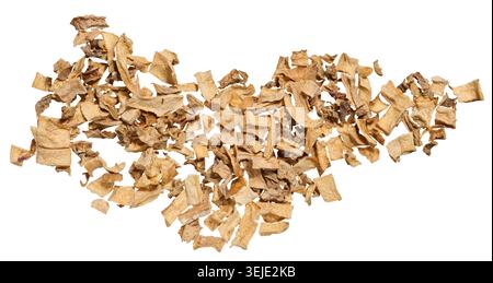 A close-up of dried vegetable pieces, including onion, beetroot, and carrot on isolated background. The mix for soups and season Stock Photo