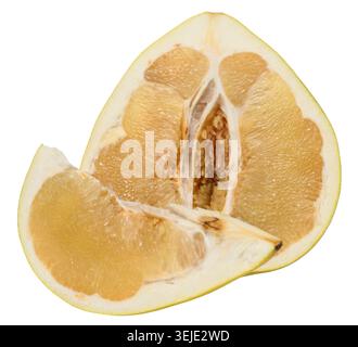 A fresh, juicy slice of pomelo fruit with visible pulp and peel. Citrus fruit section on isolated background Stock Photo