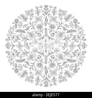 Botanical Mandala Line Art Pattern with Herbs and Flowers Stock Vector