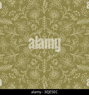Botanical Line Art Seamless Pattern on Olive Green Background Stock Vector