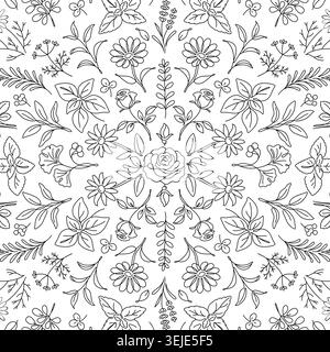 Botanical Floral Herbal Line Art Seamless Pattern Stock Vector