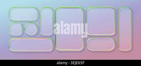 Set of Glass box 3d and button text neon with effect liquid. Web title frame and glass click modern with round ios box. Ui glass lens and transparent Stock Vector