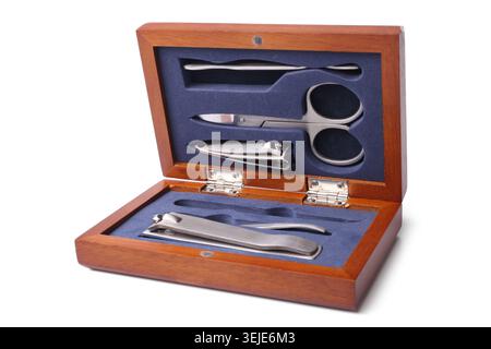 Manicure set in open wooden case Stock Photo