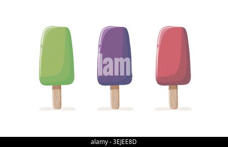 Fruit ice cream bar vector set with lime, raspberry and blackberry. Summer dessert isolated elements Stock Vector